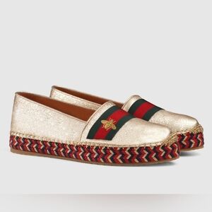 GUCCI Metallic Gold Galassia Web Bee Embroidered Espadrilles